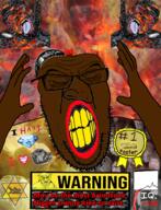 4soyjaks angry arm badge blackface brainlet brimstone brown_skin clenched_teeth coal coal_skin glasses hanging i_hate i_love i_trans_heart im_retarded jewish_nose judaism merge proto-slopjak retard rope shitskin stubble text trend:slopjak variant:bernd variant:feraljak variant:ppp warning yellow_teeth // 1053x1377 // 2.1MB