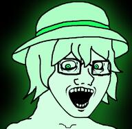 clothes crazed crystal_cafe female glasses glowing glownigger green_eyes green_hair hair hat open_mouth soyjak subvariant:female_soyak subvariant:soyak_(crazed) variant:soyak // 844x825 // 66.7KB