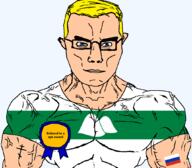 arm award blue_eyes buff christianity closed_mouth clothes eastern_orthodox eyes_like_the_o-o-cean flag flag:kurgan_oblast flag:russia glasses hair kurgan_oblast oblast orthodox_cross russia soyjak subvariant:chudjak_front subvariant:muscular_chud text transparent transparent_background tshirt variant:chudjak vein yellow_hair // 1059x929 // 66.3KB