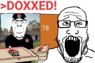 2soyjaks closed_mouth clothes dox doxxed glasses holding_object irl_background open_mouth pizza pizza_hut smile stubble subvariant:cobson_front2 variant:cobson variant:markiplier_soyjak // 1016x676 // 513.3KB