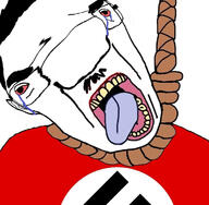 bloodshot_eyes clothes crying deformed distorted flag:nazi_germany glasses hair hanging mustache nazism open_mouth politics rope soyjak subvariant:patrick suicide swastika tongue variant:chudjak yellow_teeth // 735x719 // 157.0KB