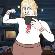 anime arm blue_eyes closed_mouth clothes female glasses hair hand holding_object holding_phone hololive necktie phone soyjak variant:chudjak vtuber watson_amelia white_skin yellow_hair // 622x623 // 333.2KB