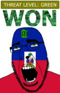 ahegao cannon country emerald flag flag:haiti gem glasses green green_eyes hair haiti looking_up open_mouth plant schlog_color_event soyjak soyjak_blog stubble teeth text threat_level_green tree variant:cobson won // 721x1115 // 171.2KB