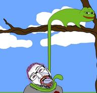 ack amphibian bloodshot_eyes chameleon clothes cloud crying drawn_background eyelashes frog glasses hair merge mustache nas:pepe pepe_the_frog purple_hair soyjak stubble tongue tranny tree variant:bernd variant:unknown yellow_teeth // 501x484 // 191.1KB