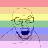 angry flag glasses lgbt mustache open_mouth soyjak stubble variant:feraljak // 1146x1146 // 139.1KB