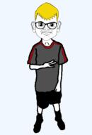 closed_mouth clothes ear full_body glasses hair nate peace_sign shoe shorts subvariant:unbotheredchud tshirt variant:brandon yellow_skin // 1339x1980 // 177.8KB