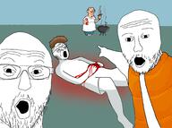 2soyjaks bald blood centrist full_body glasses grill grilling holding_object knife open_mouth pointing soyjak stubble variant:two_pointing_soyjaks zoomer_hair // 2120x1576 // 481.5KB