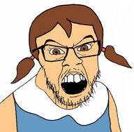 angry bangs beard blue_dress braids brown_eyes brown_hair collar comic dress girl glasses kid lovin'_sis lucy_(lovin'_sis) open_mouth variant:feraljak xierra099 // 745x731 // 114.4KB