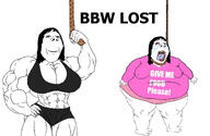 abs bbw bloodshot_eyes bra buff clothes crying eye_shadow fat female food full_body fupa girl hair hanging looking_at_you makeup muscular_female my_wife obese open_mouth pink_shirt rope sad sisa smile stubble subvariant:annabelle subvariant:wholesome_soyjak sweater teeth text variant:gapejak woman // 2222x1444 // 632.9KB