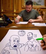 drawn gigachad irl muscular_male pointing prigozhin subvariant:wholesome_soyjak sun variant:gapejak variant:two_pointing_soyjaks volodymyr_zelenskyy z_(russian_symbol) // 1080x1277 // 167.5KB