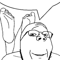 closed_mouth foot glasses smile soyjak speech_bubble speech_bubble_empty stubble subvariant:wholesome_soyjak variant:gapejak // 457x423 // 8.8KB