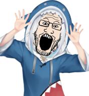 anime arm clothes gawr_gura glasses hand hand_up hat hololive open_mouth shark soyjak stubble variant:markiplier_soyjak vtuber white_skin // 2189x2375 // 2.0MB