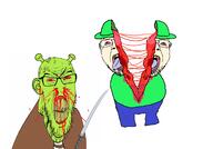 2soyjaks ack angry autism bandu bisected blood blood_drip blood_from_ears blood_from_forehead blood_from_mouth blood_from_neck blood_on_face blood_spray bloodshot_eyes clenched_teeth clothes cracked_teeth crying dave_and_bambi death deep_wound ear entrails exposed_bone exposed_brain exposed_muscle glasses gore green_shirt green_skin hat katana looking_at_you looking_up mutilation nosebleed ogre ogre_ears open_mouth shrek soyjak stubble subvariant:feralrage sword tongue variant:bernd variant:feraljak white_background white_skin yellow_teeth // 1672x1171 // 385.4KB