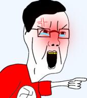 anger_mark arm blush clothes crying glasses hair hand nazism open_mouth pointing redraw soyjak swastika tshirt variant:chudjak yellow_teeth // 680x762 // 79.6KB