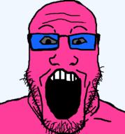 artist:GapeNewell bald blue_glasses doll_(user) glasses grey_eyes looking_at_you open_mouth pink_skin soyjak stubble transparent_background variant:markiplier_soyjak // 600x645 // 7.1KB