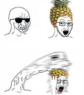 2soyjaks bite clenched_teeth comic crying eating food foodjak fruit glasses hand hands_up motion_blur open_mouth pineapple pinejak raised_eyebrow screaming soyjak sunglasses variant:soyak vein wojak // 640x717 // 153.0KB
