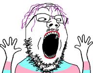 animated arm ext=gif faggot hair hand hands_up lgbt lipstick looking_to_the_right open_mouth purple_hair series:fusionjaks stubble tranny transgender_flag troon variant:excited_soyjak variant:gapejak white_background // 760x595 // 79.2KB