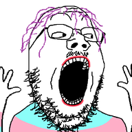 animated arm ext=gif faggot hair hand hands_up lgbt lipstick looking_to_the_right open_mouth purple_hair series:fusionjaks stubble tranny transgender_flag troon variant:excited_soyjak variant:gapejak white_background // 760x595 // 79.2KB