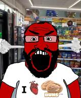 angry arm beard clothes food fume glasses hand heart holding_object honey_bun i_love open_mouth pastry red red_eyes red_skin soyjak subvariant:science_lover tshirt variant:markiplier_soyjak // 1440x1739 // 822.7KB