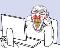 angry arm blood bloodshot_eyes clenched_teeth computer cracked_teeth ear glasses hand nosebleed red_eyes soyjak stubble subvariant:feralrage variant:feraljak vein yellow_teeth // 952x765 // 368.3KB