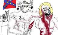 2soyjaks arm blood breasts buff closed_mouth clothes confederate crying ear earring female glasses grin hair hand hat holding_knife holding_object judaism knife meta:pornographic_content murder naked nsfw soyjak star_of_david stubble swastika variant:cryboy_soyjak variant:impish_soyak_ears yellow_hair z_(russian_symbol) zionism // 2000x1200 // 481.5KB