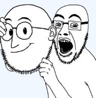 2soyjaks arm glasses hand holding_severed_head hotdiggedydemon open_mouth smile stubble subvariant:jew_lover transparent_background variant:cobson variant:weirdpenis // 862x874 // 22.0KB