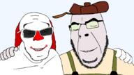 2soyjaks 4chan andy_sixx animaterr_man b_(4chan) beard closed_mouth clothes clown coprophagia courage_the_cowardly_dog eustace_bagge glasses hat logposter makeup no_more_brother_wars overalls smile soyjak stubble sunglasses transparent_background variant:cobson variant:feraljak white_skin yellow_shirt // 2672x1500 // 171.4KB