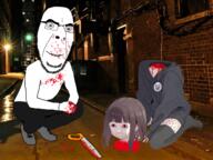 alley badge blood bloodshot_eyes boymoder brown_hair closed_mouth clothes ear flag full_body glasses hair hairy headless heart hoodie irl_background kneeling kurumi_nanase menhera_chan murder saw severed_head shoe smile soyjak squatting stubble tranny variant:cobson // 2475x1859 // 3.5MB