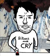 album_cover button closed_mouth clothes drawn_background ear hair kid_a_mnesia millions_must_die mountain music pointing radiohead stubble subvariant:chudjak_front text thom_yorke tshirt variant:chudjak // 637x707 // 96.8KB