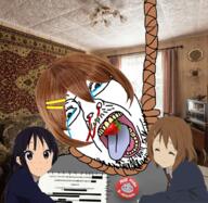 anime badge blood brown_hair clothes crying cyrillic_text glasses hair hanging irl_background k_on mio_akiyama mustache rope soyjak strawberry stubble suicide text variant:bernd yui_hirasawa // 629x612 // 698.2KB