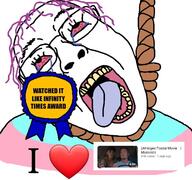 ack award badge bloodshot_eyes crying dead flag glasses hair hanging i_heart i_love nic0lad_clips open_mouth postal purple_hair rope soyjak suicide text tongue tranny trend:slopjak variant:bernd yellow_teeth youtube ywnbaw // 534x500 // 146.7KB