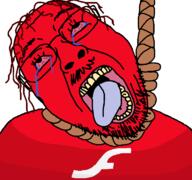 adobe bloodshot_eyes crying dead flash glasses hair hanging mustache open_mouth rope soyjak suicide tongue tranny variant:bernd yellow_teeth // 768x719 // 35.7KB