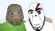 2soyjaks DOOM_(game) Doomguy armor beard blue_eyes brown_hair buff clothes doom doom_guy eye_bags facial_mark glasses goatee god_of_war green_shirt helmet kratos looking_at_you mask no_more_brother_wars scar smile subvariant:feralaryan subvariant:modern_cobson variant:cobson variant:feraljak video_game visor white_skin yellow_eyes // 2065x1183 // 241.0KB