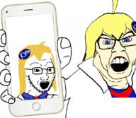 2soyjaks angry arm badge blue_eyes clothes female glasses hair hand holding_object holding_phone iphone jacket knowyourmeme necktie open_mouth ornament phone soyjak stubble subvariant:female_feraljak variant:feraljak variant:soyak white_skin yellow_hair // 1080x942 // 441.9KB