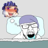 anime bbc bed bernkastel blanket closed_eyes clothes dream drool glasses hat mustache nightcap open_mouth queen_of_spades sleeping soyjak speech_bubble stubble tattoo tbp umineko variant:feraljak video_game // 1628x1628 // 561.8KB