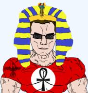 arm buff closed_mouth egypt glasses hair nazism smile soyjak subvariant:chudjak_front subvariant:muscular_chud sunglasses swastika variant:chudjak white_skin yellow_hair // 1059x1123 // 225.8KB