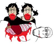 3soyjaks andrew_graves ashley_graves blood blood_from_mouth blood_on_face cannibalism closed_mouth clothes death deep_wound eating entrails exposed_bone glasses gore green_eyes hair neutral nipple pink_eyes ribcage soyjak stomach stubble subvariant:neutralplier the_coffin_of_andy_and_leyley variant:markiplier_soyjak // 1125x906 // 483.6KB