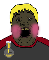 award badge blush brown_skin clothes nusoicaca open_mouth rotten_teeth shitskin soyjak_party subvariant:hunky_twink_sex_machine text trend:slopjak variant:alicia yellow_hair // 592x720 // 71.1KB