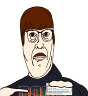 closed_mouth clothes fact_check glasses hair hand holding_object lee_goldson mustache pointing soyjak variant:Cobbert // 517x563 // 55.7KB