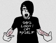 arm attention_whore black_shirt blood emo_hair eyebrow eyeliner finger glasses hand nose open_mouth stubble teeth text variant:shirtjak white_background // 2000x1531 // 1.9MB