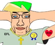 arm award blue_eyes christianity closed_mouth clothes cross efl fnf_pedo friday_night_funkin' gold hair hand hat heart mother necklace smile soyjak subvariant:chudplier tattoo text variant:chudjak variant:markiplier_soyjak white_skin yellow_hair // 802x660 // 169.5KB