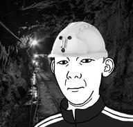 closed_mouth clothes coal ear hard_hat helmet irl_background mine neutral soyjak track_suit variant:kuzjak // 734x703 // 157.6KB