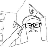 bottle cap closed_mouth clothes flag glasses hat mustache qa_(4chan) soy soyjak variant:unknown // 1170x1150 // 31.8KB