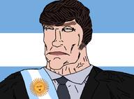 argentina black_jacket blue_eyes brown_eyebrows brown_hair clothes flag:argentina jacket javier_milei looking_up milei necktie spanish_text stubble subvariant:perceptive_chud subvariant:soyak_front variant:chudjak variant:soyak white_skin // 901x662 // 44.1KB