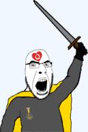 arm badge bwc cape clothes glasses hand holding_object holding_sword knight open_mouth queen_of_hearts soot soot_colors soyjak soyjak_party stubble sword tattoo variant:cobson weapon // 1200x1787 // 359.5KB