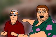 2soyjaks blurred_background clothes fat glasses hair hat hawaiian_shirt irl_background jurassic_park open_mouth pointing soyjak stretched_mouth stubble sunglasses variant:cobson variant:dennis_nedry watch wayne_knight // 1908x1264 // 530.5KB
