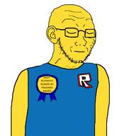 arm award blue_shirt closed_eyes closed_mouth clothes ear glasses hair most_interests_ruined_by_trannies_award noob roblox soyjak stubble text variant:soyak yellow_skin // 600x600 // 28.1KB