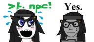 2soyjaks beanie blue_eyes blush clipboard clothes crying female glasses greentext grey hair necklace npc open_mouth soyjak text variant:soytan // 874x391 // 21.8KB