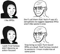 2soyjaks concerned ear final_fantasy frown glasses hoodie jrpg soyjak stubble subvariant:soyak_(irritated) variant:soyak variant:wojak yoshi-p // 694x634 // 116.4KB