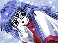 anime blue_hair cg female glasses kanon large_eyes looking_at_you meta:tagme minase_nayuki open_mouth snow soyjak subvariant:female_soyak variant:soyak video_game visual_novel // 640x480 // 447.9KB